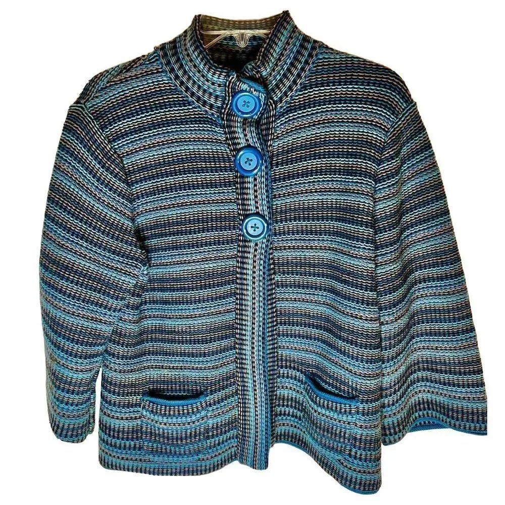 Croft & Barrow Cardigan Womens Large Knit Striped Large Snap Buttons 3/4 Bell Sl